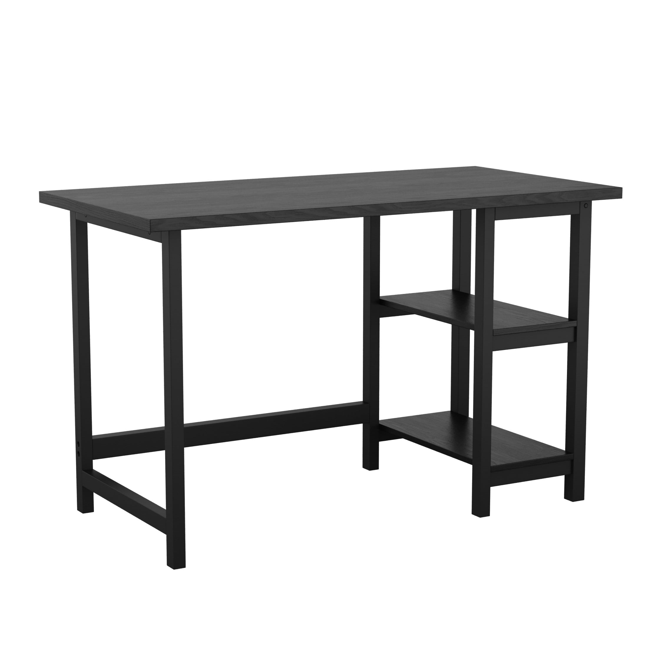 Black Wood Grain Trestle Desk with Open Shelving