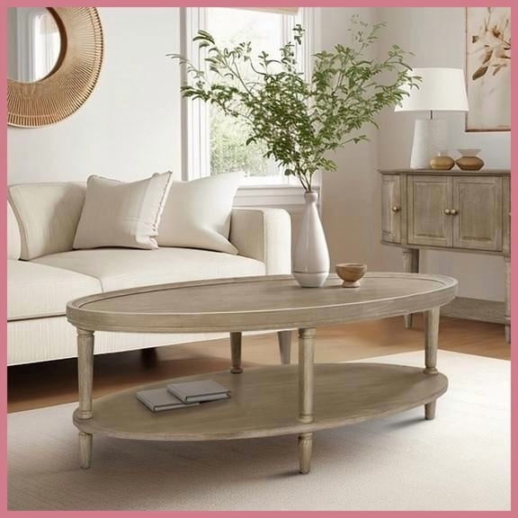 Martha Stewart Bedford Oval Coffee Table  Reclaimed Greige Farmhouse Style with Fixed Shelf & Raised Edge