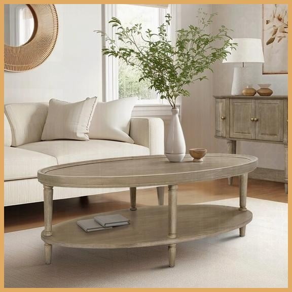 Martha Stewart Bedford Oval Farmhouse Coffee Table with Storage Shelf & Adjustable Levelers