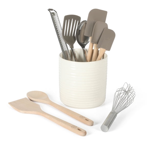 Martha Stewart Berrick 10 Piece Tools and Gadget Set W/ Ceramic Crock - Linen White w/ Grey Tools