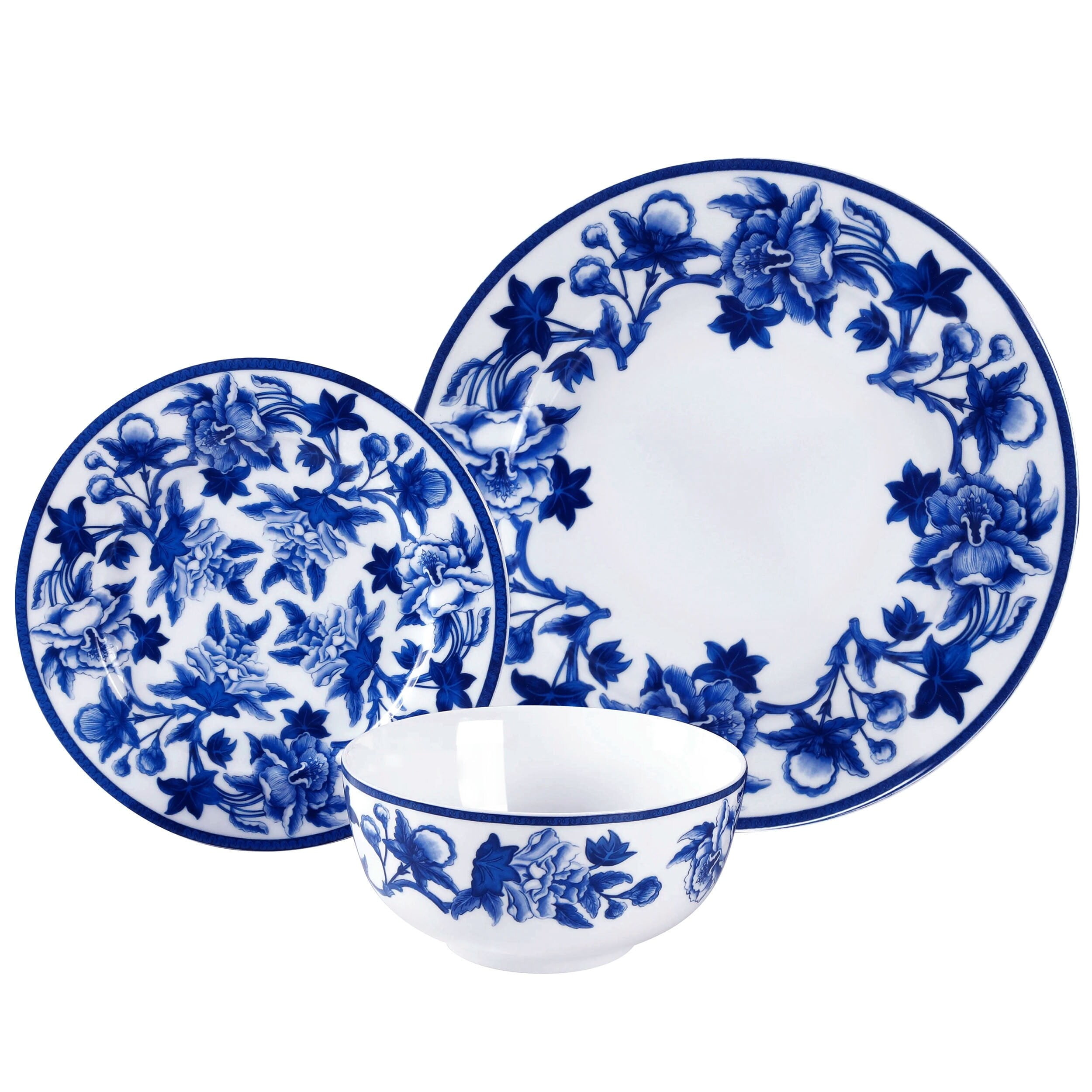 Cobalt Blue Floral Ceramic Dinnerware Set, Service for 4