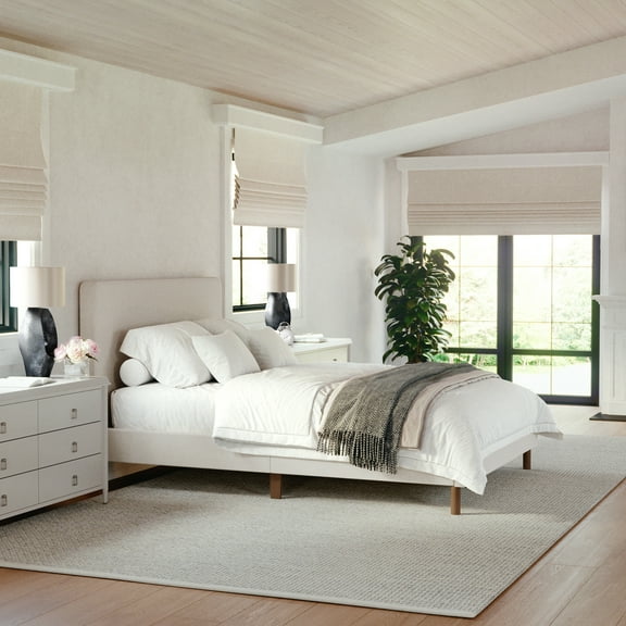 Martha Stewart Britta Full Upholstered Platform Bed with Rounded Headboard, Piped Detailing and Cushioned Siderails, Wood Slat Bottom, No Box Spring Needed, Beige