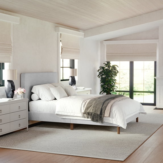 Martha Stewart Britta Full Upholstered Platform Bed with Rounded Headboard, Piped Detailing and Cushioned Siderails, Wood Slat Bottom, No Box Spring Needed, Gray