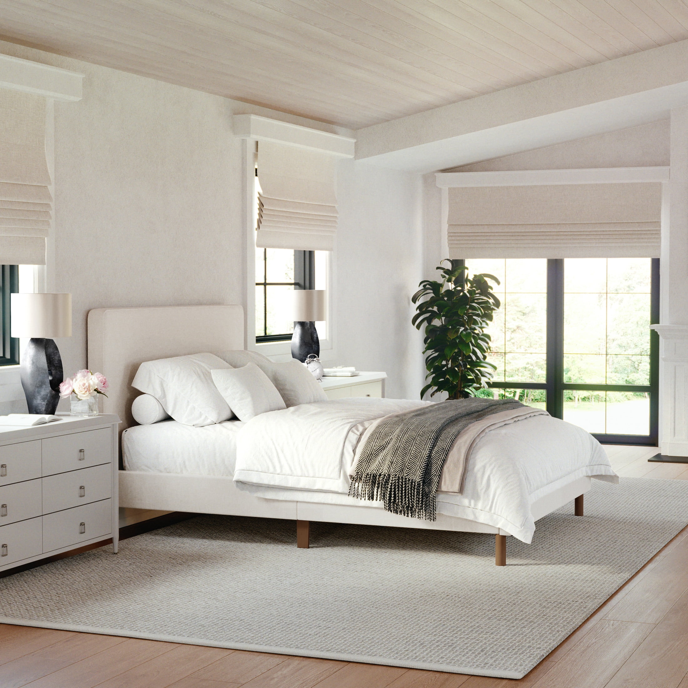 Beige Full Linen Upholstered Platform Bed with Walnut Legs