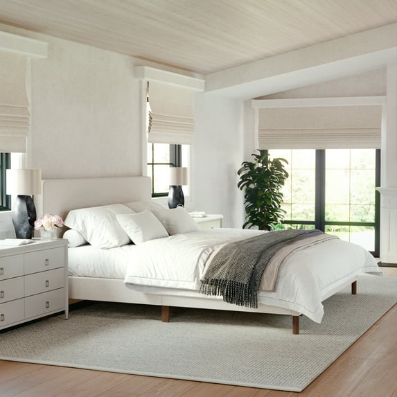 Martha Stewart Britta King Upholstered Platform Bed with Rounded Headboard, Piped Detailing and Cushioned Siderails, Wood Slat Bottom, No Box Spring Needed, Beige
