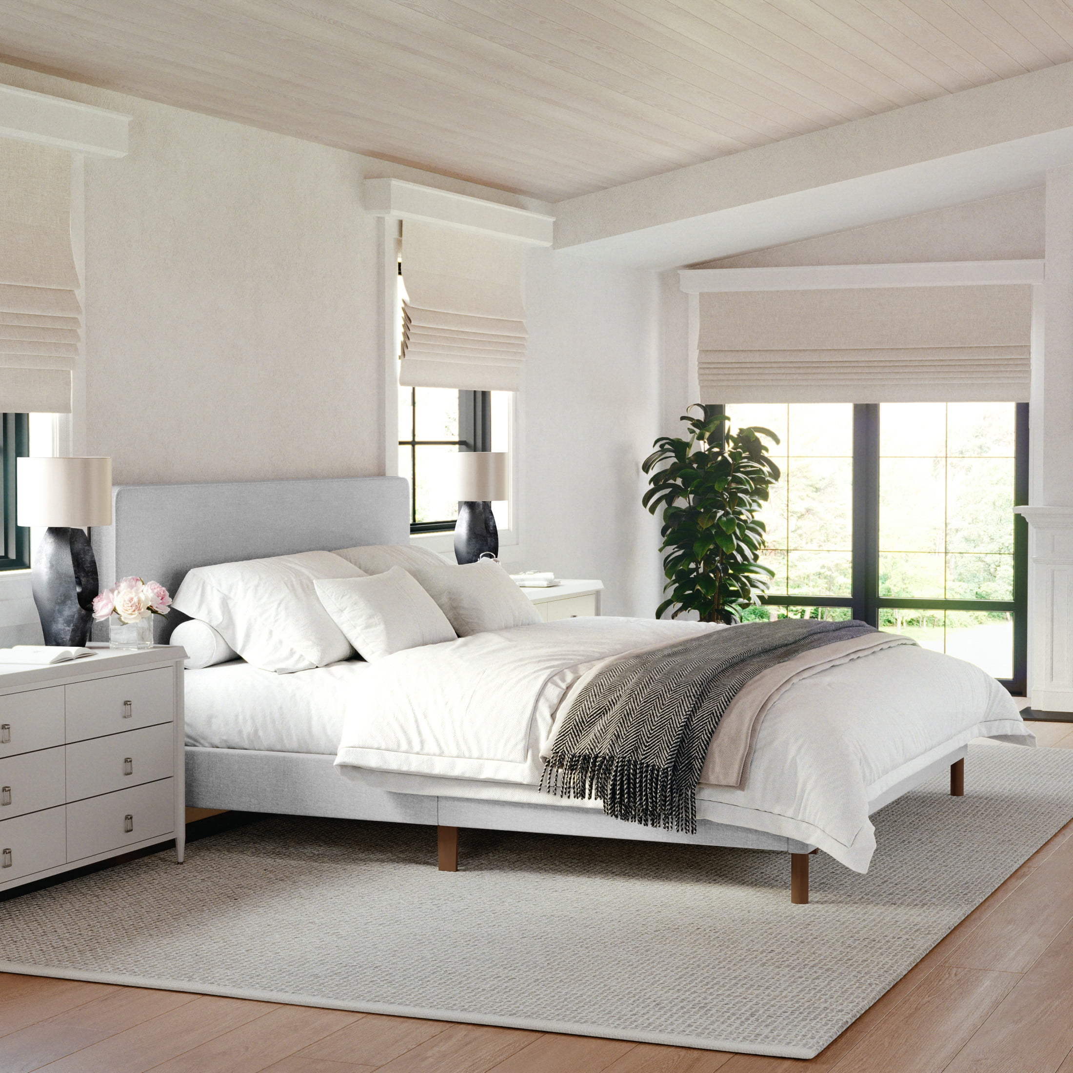 King Gray Linen Upholstered Platform Bed with Wood Frame