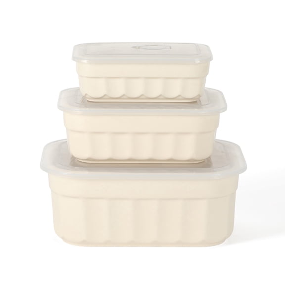 Martha Stewart Broadbrook 6 Piece Stoneware Meal Prep Container Set with Lids, Rectangular Food Storage - Cream