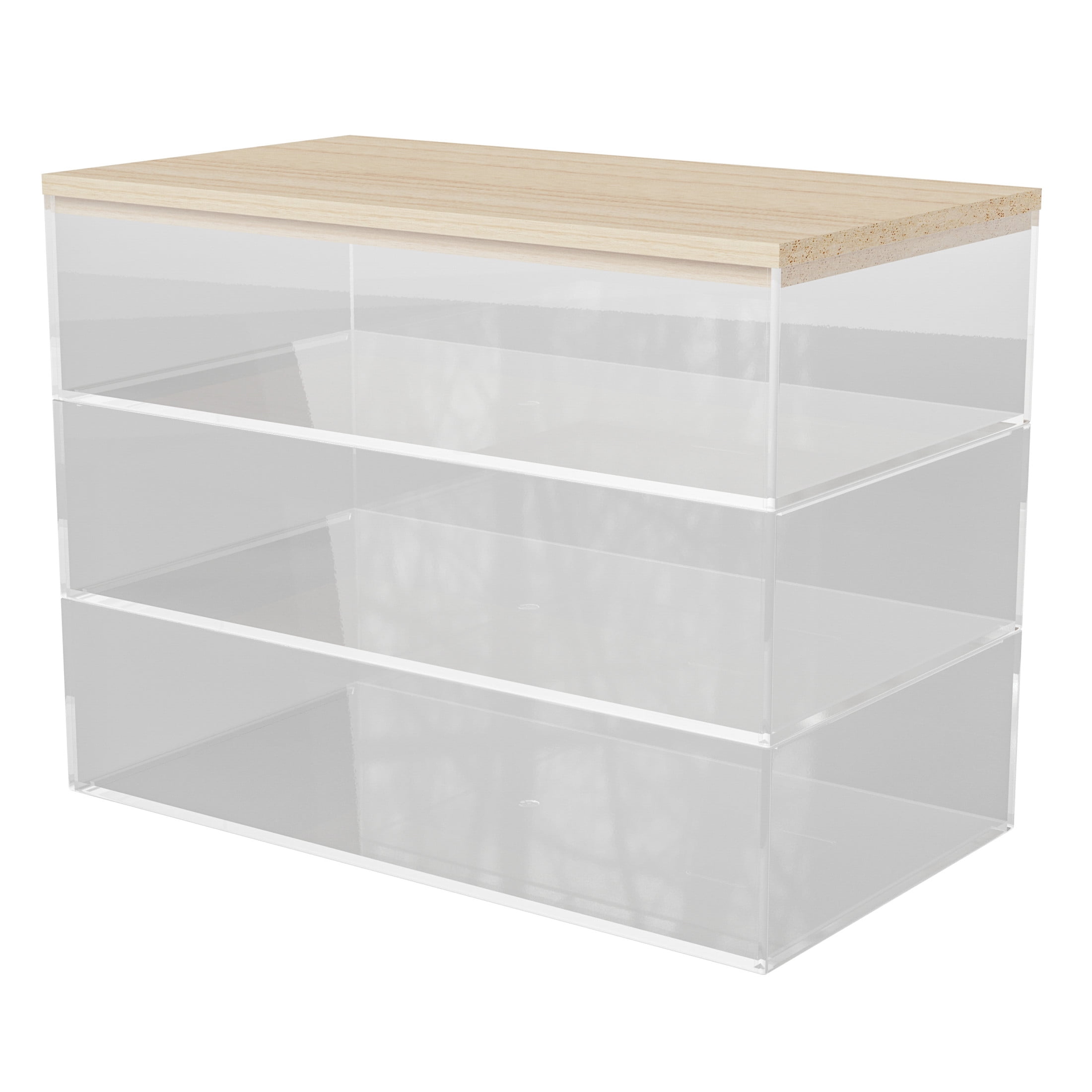 Clear Stackable Plastic Organizer Bins with Light Wood Lid, 3 Pack