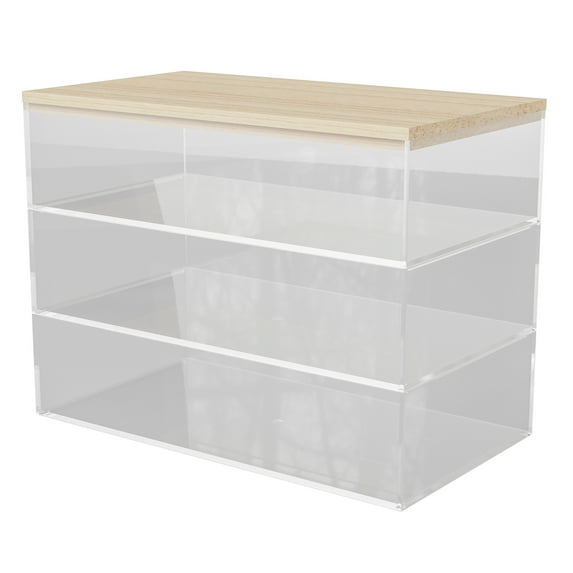 Martha Stewart Brody Clear Plastic Storage Organizer Bins with Light Natural Paulownia Wood Lid for Home Office, Kitchen, or Bathroom, 3 Pack Medium 7.5" x 3"