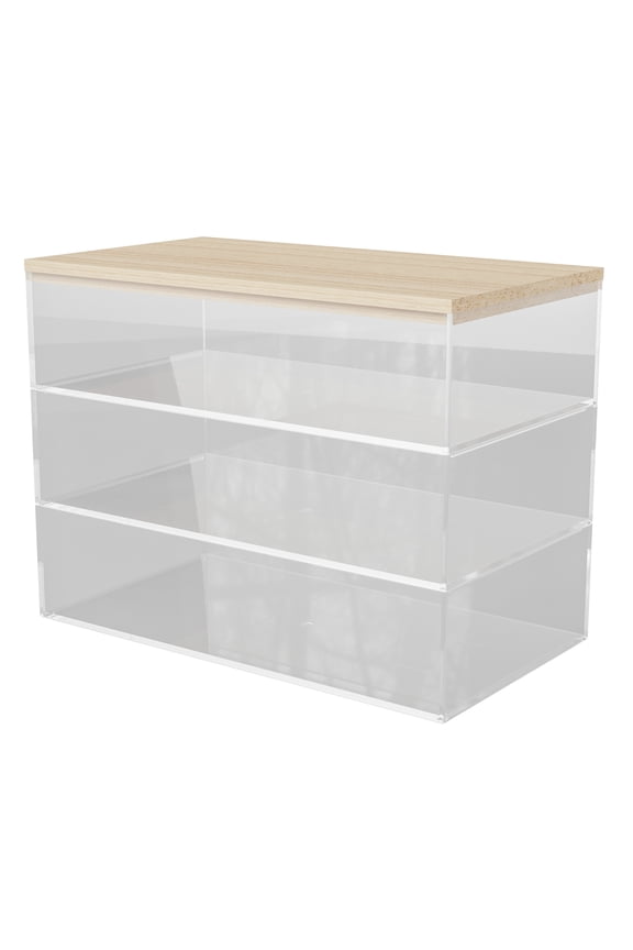 Brody Clear Plastic Storage Organizer Bins with Light Natural Paulownia Wood Lid for Home Office, Kitchen, or Bathroom, 3 Pack Medium 7.5" x 3"