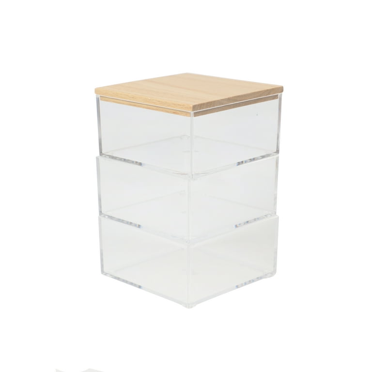 Martha Stewart Brody Clear Plastic Storage Organizer Bins with Light  Natural Paulownia Wood Lid for Home Office, Kitchen, or Bathroom, 3 Pack  Small, 3.75 x 3 