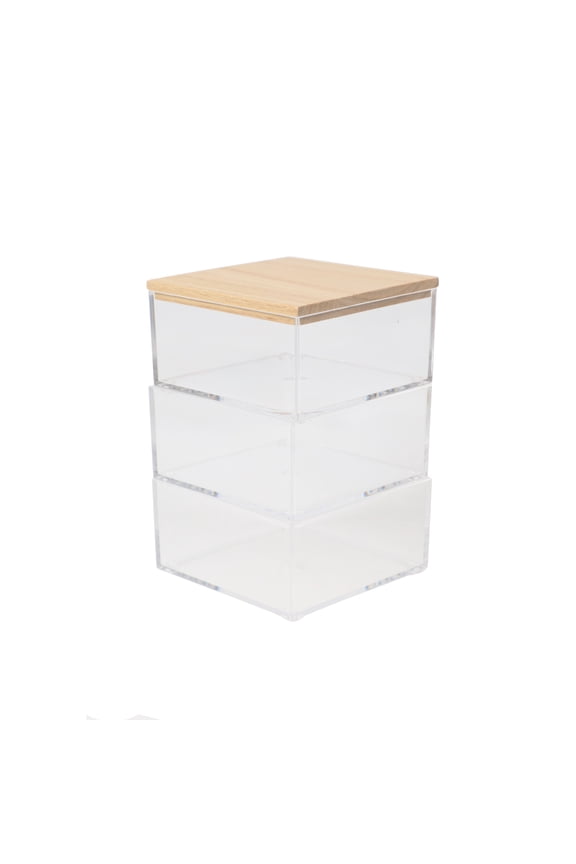 Brody Clear Plastic Storage Organizer Bins with Light Natural Paulownia Wood Lid for Home Office, Kitchen, or Bathroom, 3 Pack Small, 3.75" x 3"