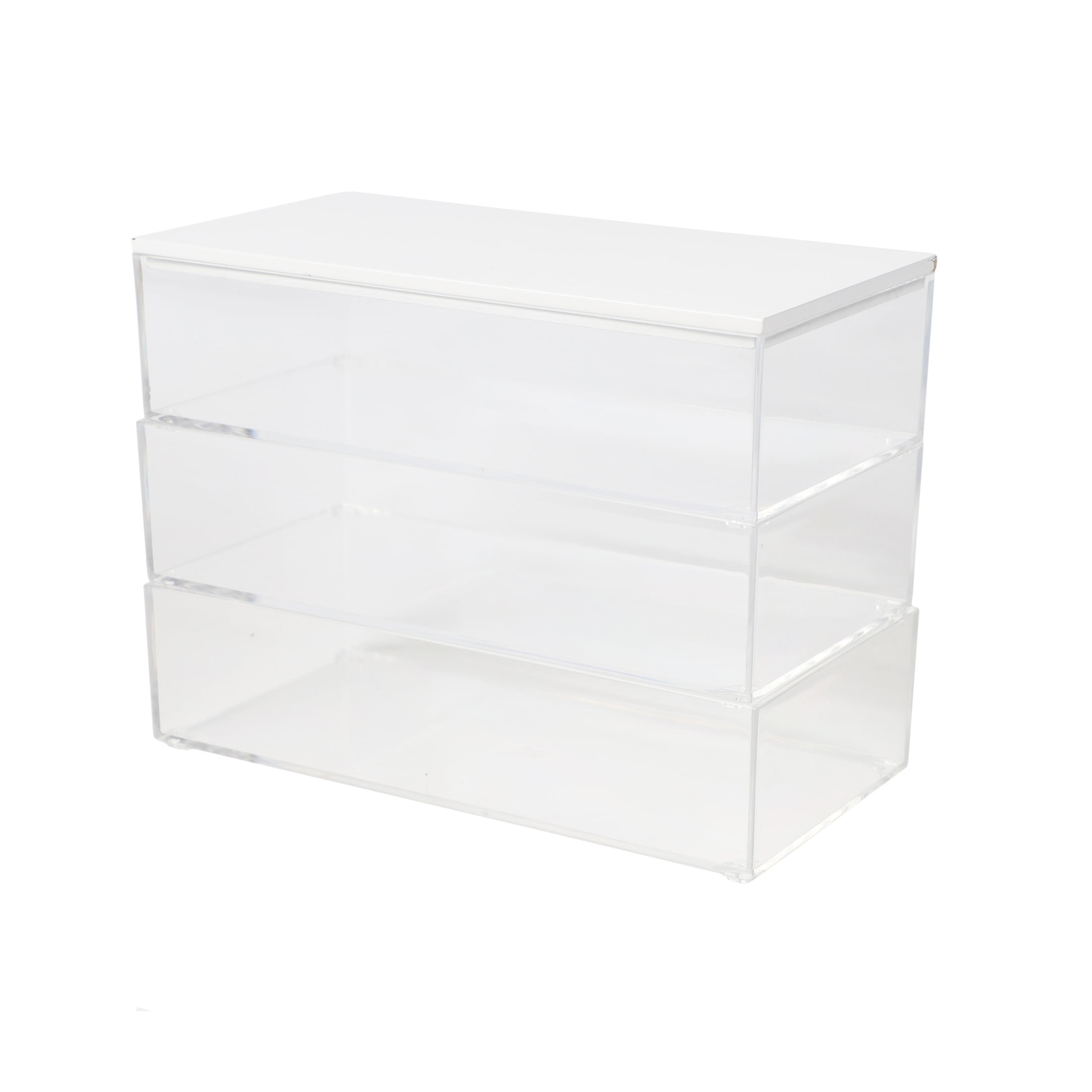 Clear Stackable Plastic Organizer Bins with White Lid, 3 Pack