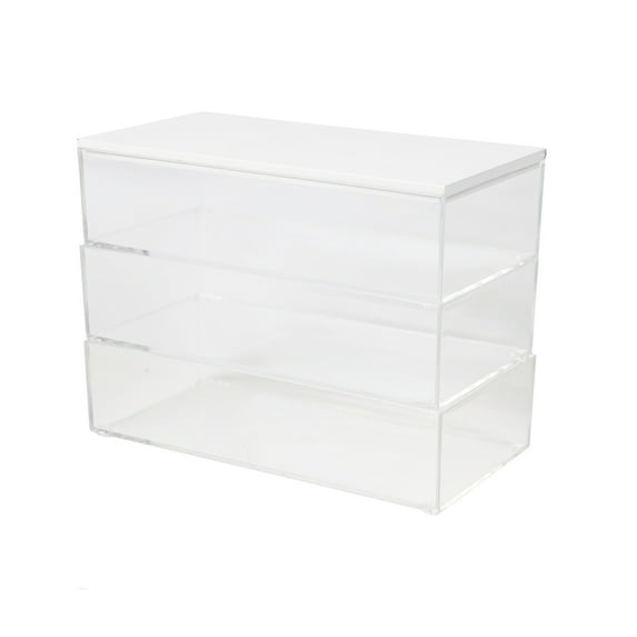 Martha Stewart Brody Clear Plastic Storage Organizer Bins with White Engineered Wood Lid for Home Office, Kitchen, or Bathroom, 3 Pack Medium, 7.5" x 3"
