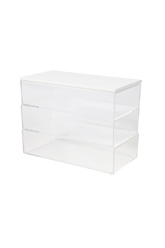 Brody Clear Plastic Storage Organizer Bins with White Engineered Wood Lid for Home Office, Kitchen, or Bathroom, 3 Pack Medium, 7.5" x 3"