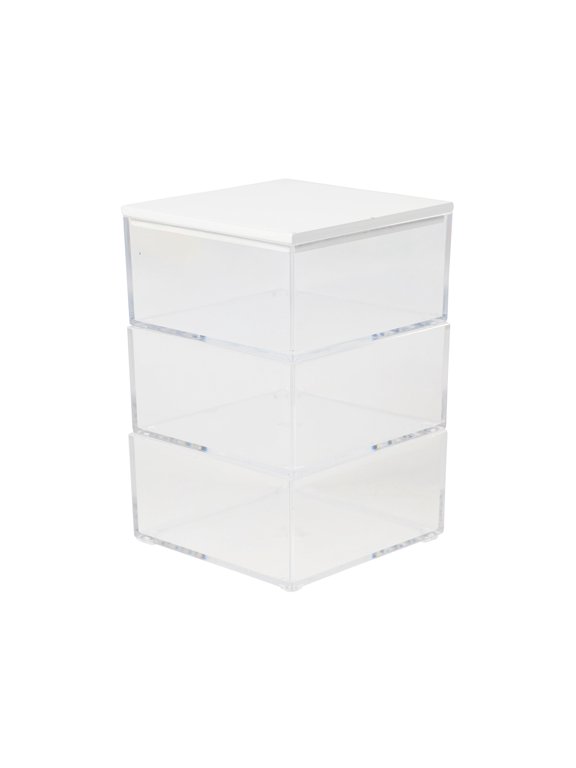Brody Clear Plastic Storage Organizer Bins with White Engineered Wood Lid for Home Office, Kitchen, or Bathroom, 3 Pack Small, 3.75" x 3"