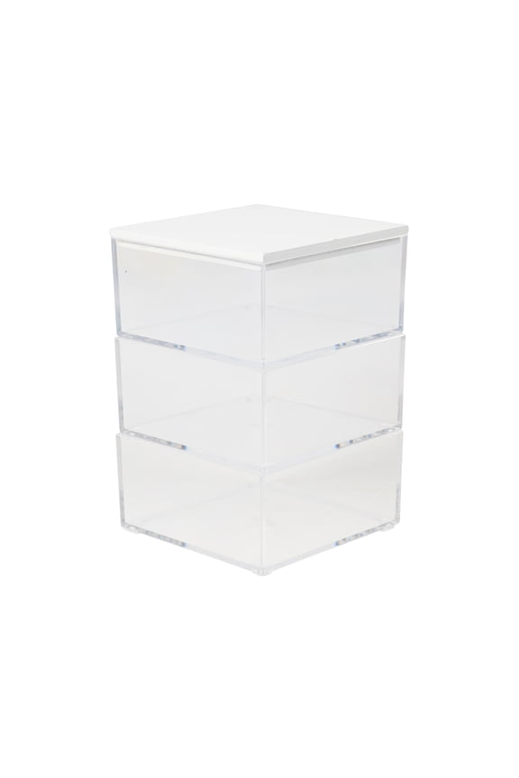 Brody Clear Plastic Storage Organizer Bins with White Engineered Wood Lid for Home Office, Kitchen, or Bathroom, 3 Pack Small, 3.75" x 3"