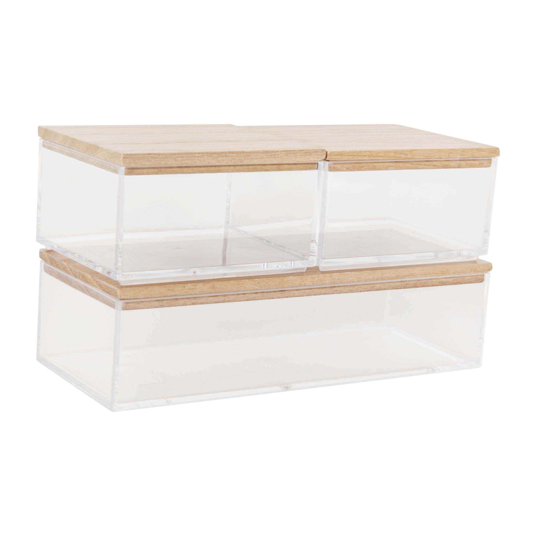 Clear Stackable Plastic Organizer Bins with Light Wood Lids, Set of 3