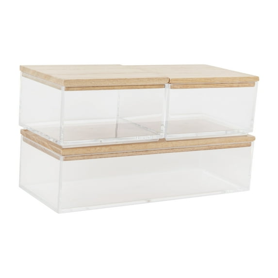 Martha Stewart Brody Clear Plastic Storage Organizer Bins with Light Natural Paulownia Wood Lids for Home Office, Kitchen, or Bathroom, SM-x2/MED-x1