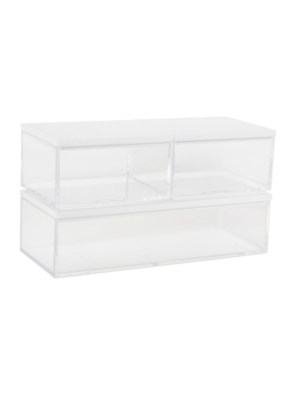 Brody Clear Plastic Storage Organizer Bins with White Engineered Wood Lids for Home Office, Kitchen, or Bathroom, SM-x2/MED-x1