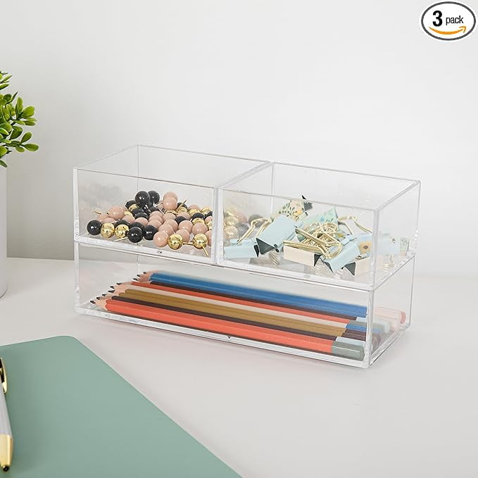 Martha Stewart Brody Desktop Storage Organizer, Stack and Slide Plastic Organizer Tray, Organizer for Office, Kitchen, or Vanity, 2-S, 1-M