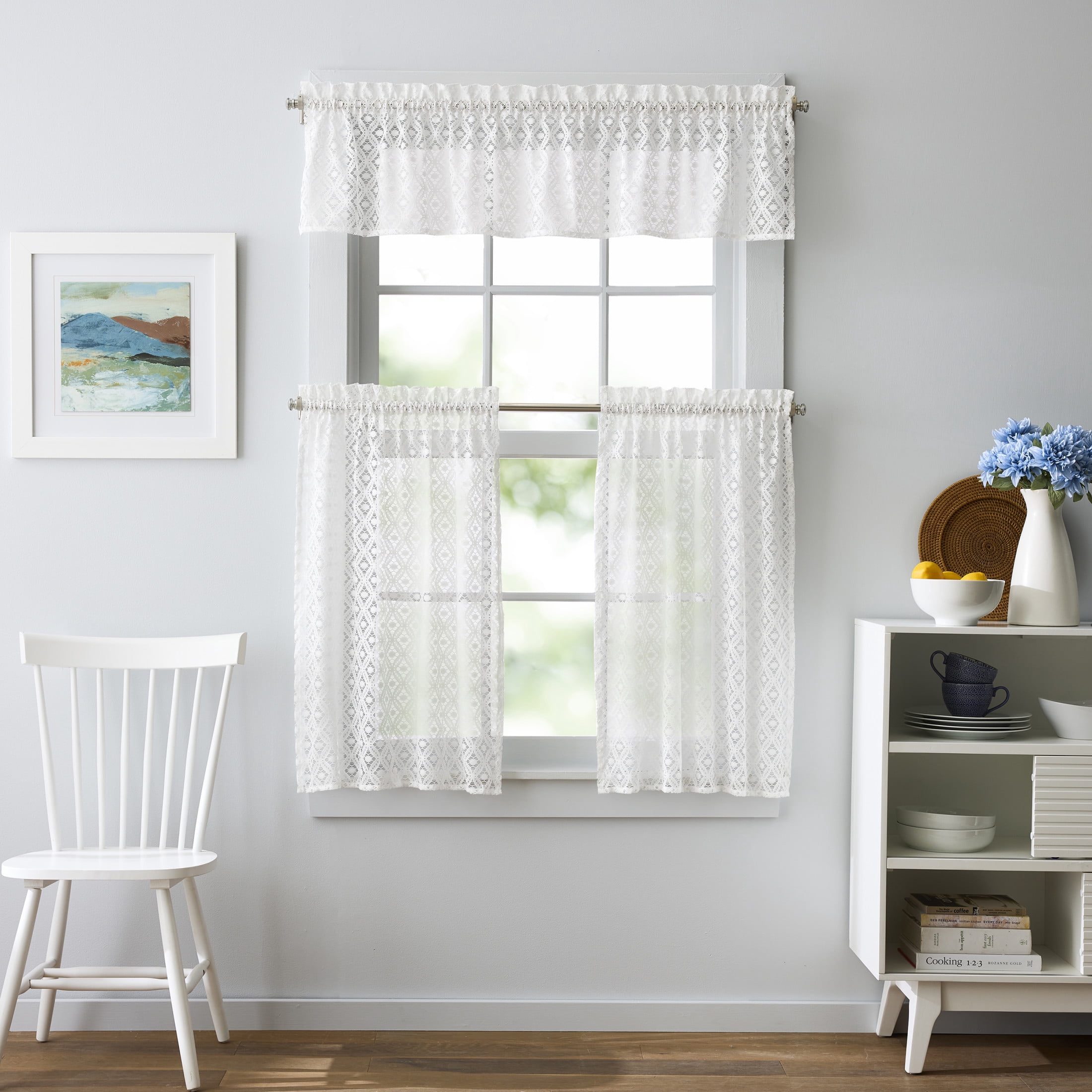 Martha Stewart Canterbury Lace 3 Piece Valance & Tier Set White, Rod Pocket, Sheer, Indoor, Adult, 60" x 14"