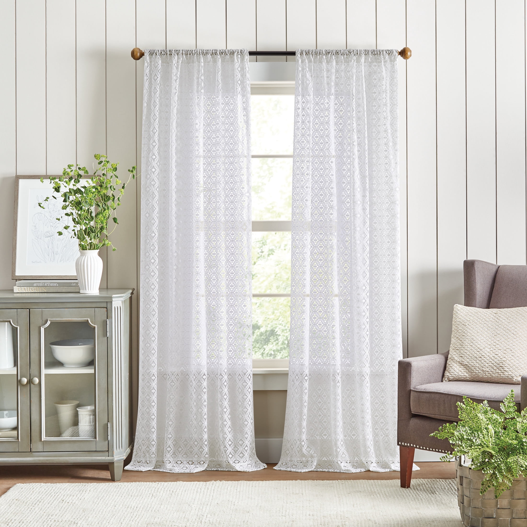 Martha Stewart Canterbury Lace Curtain Panel Pair, White, Pole Top, Sheer, Indoor, Adult, 2 Piece Set, 50" x 95"