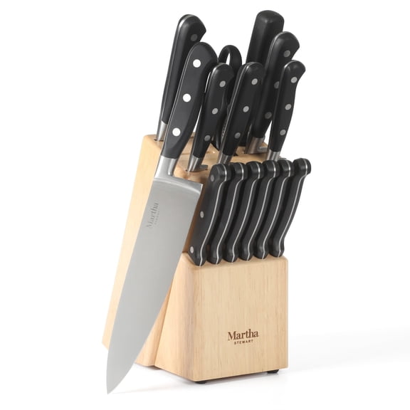 Martha Stewart Carverton 14 Piece High Carbon Stainless Steel Cutlery Block Set w/ABS Triple Riveted Forged Handle Wood Block- Black