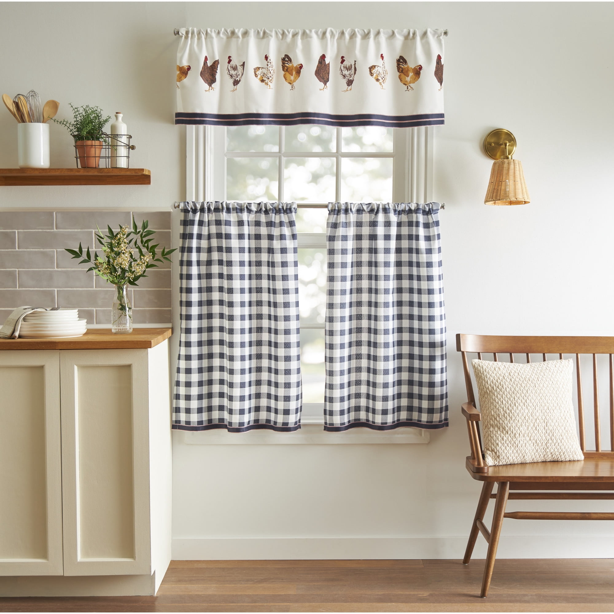Martha Stewart Chickens 3 Piece Valance & Tier Set, Multicolor, Rod Pocket, Light Filtering, Indoor, Adult, 60" x 14"