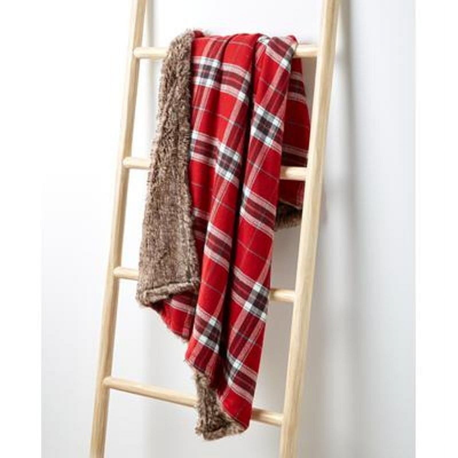 Red Plaid Flannel and Faux Fur Reversible Throw Blanket