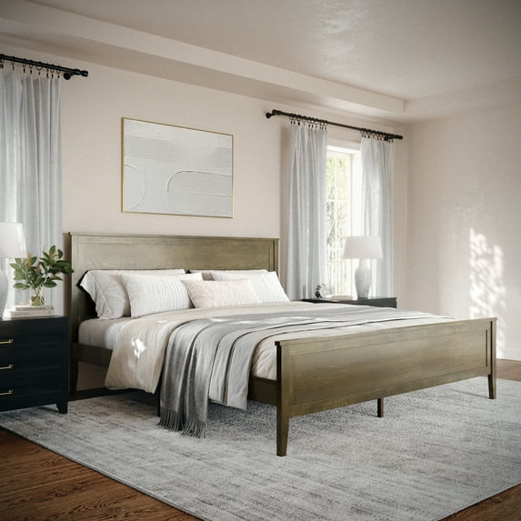 Martha Stewart Corbin King Size Solid Wood Platform Bed with Wooden Headboard and Footboard, No Box Spring Needed, Brown Gray