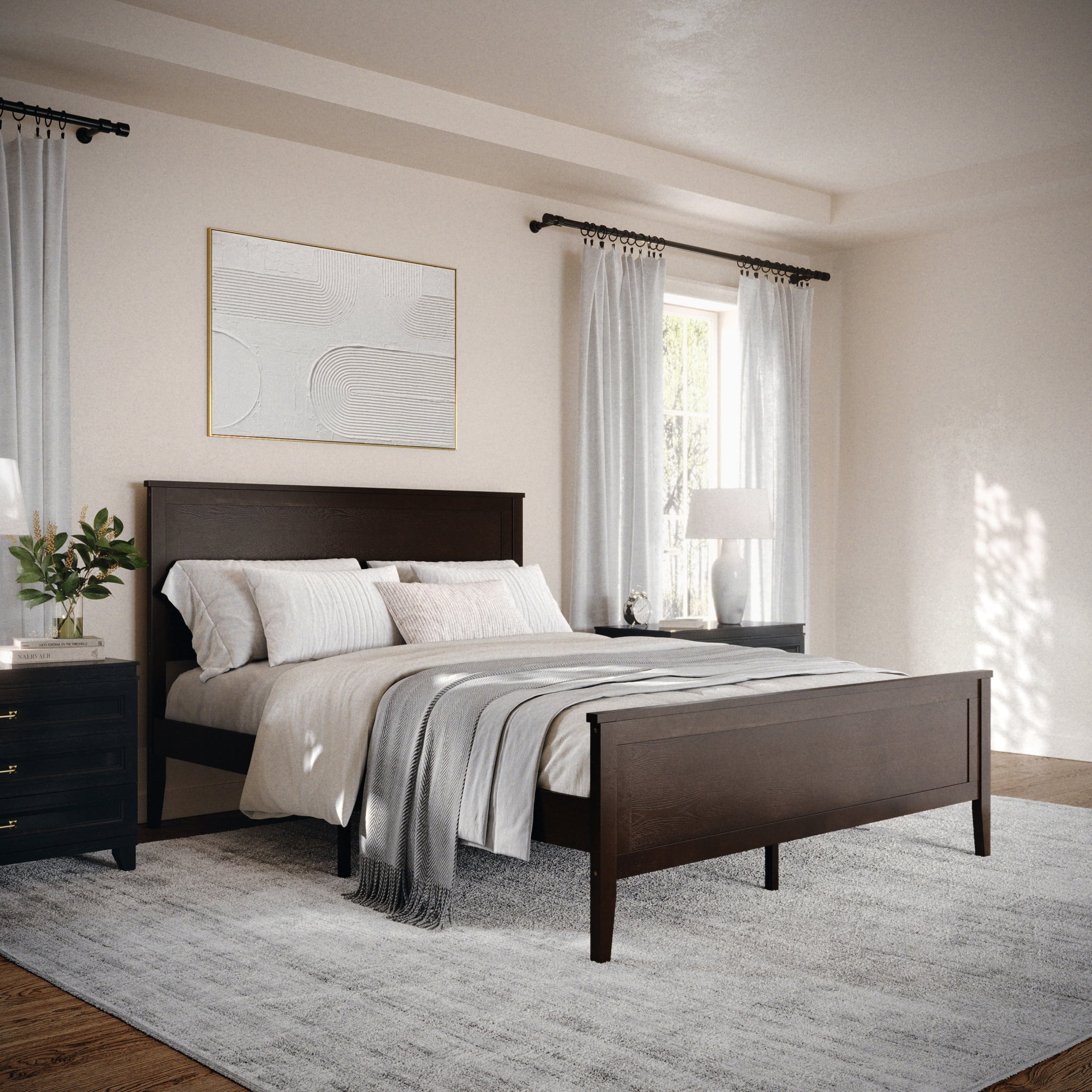 Dark Brown Queen Wooden Platform Bed with Headboard and Footboard
