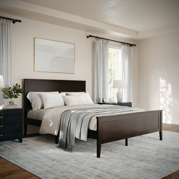 Martha Stewart Corbin Queen Size Solid Wood Platform Bed with Wooden Headboard and Footboard, No Box Spring Needed, Dark Brown