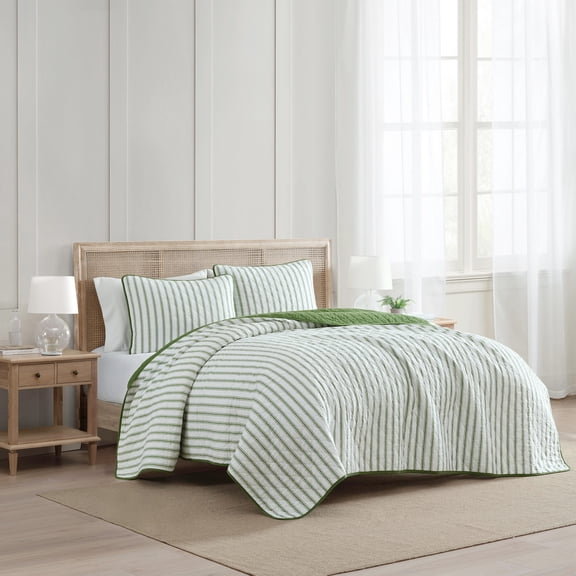 Martha Stewart Core Ticking Stripe White & Vine Green Twin Quilt Set, Lightweight Layered Bedding, Machine Washable