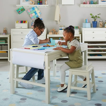 Martha Stewart Crafting Kids' Art Table and Paper Roll - Creamy White: Wooden Drawing and Painting Desk with Bins for Children
