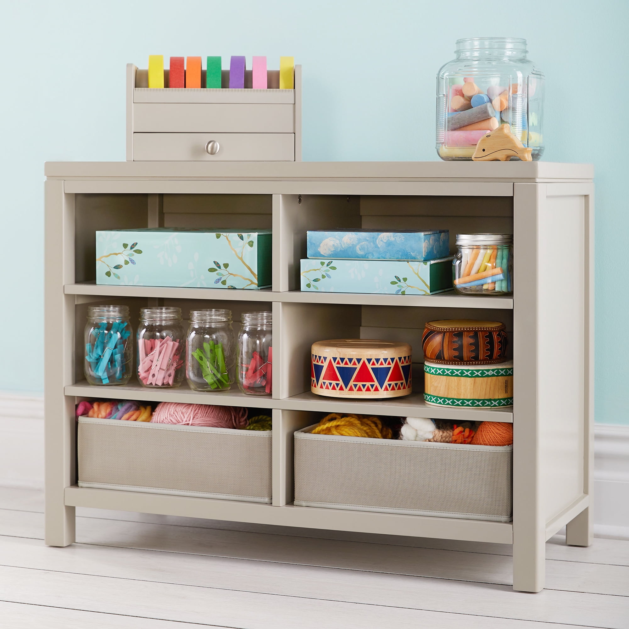 Gray Wooden Kids Double Open Art Storage with Fabric Bins