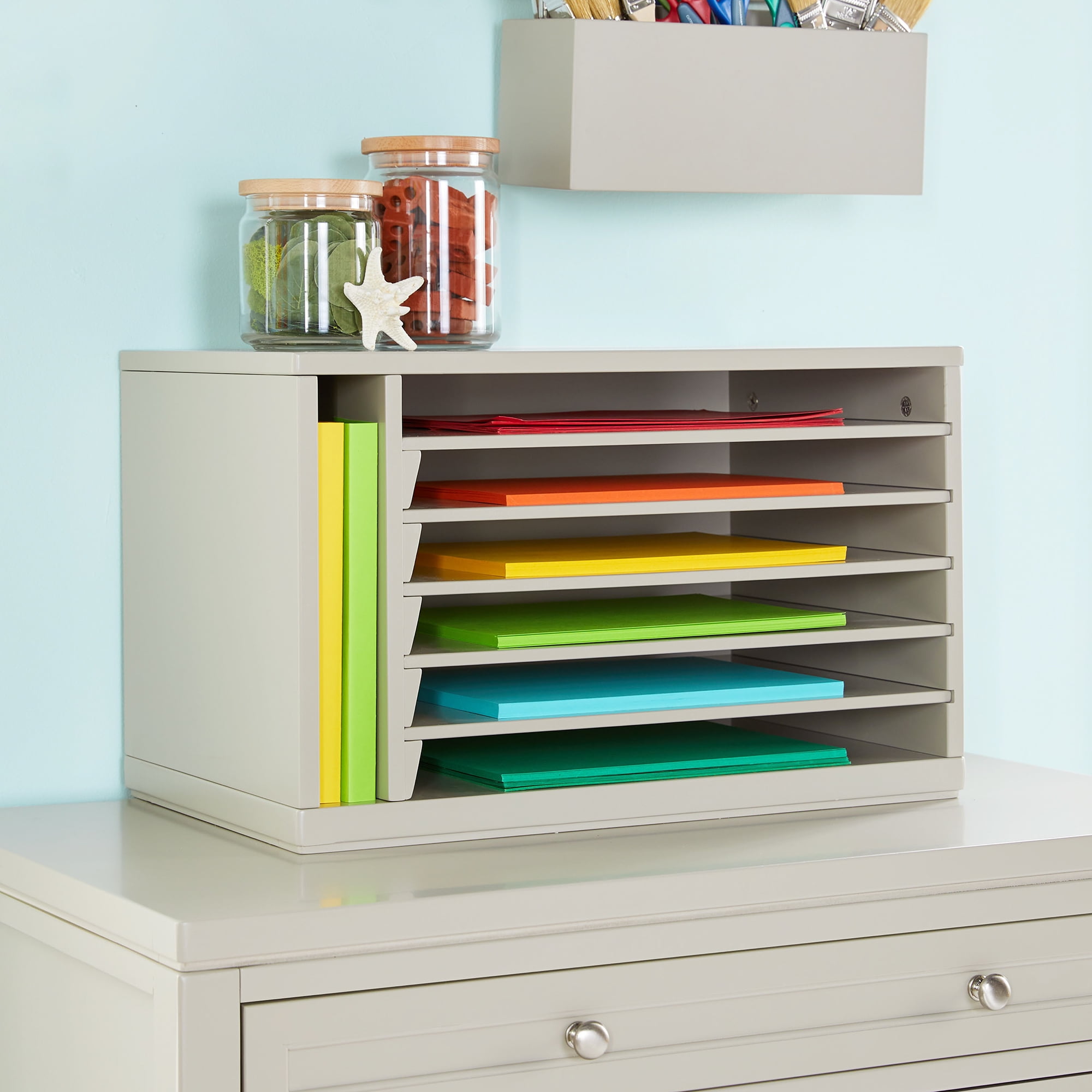 Martha Stewart Crafting Kids' Paper Organizer - Gray, Tabletop Construction Paper  Storage with Compartments, Wooden 6 Tray Sorter 