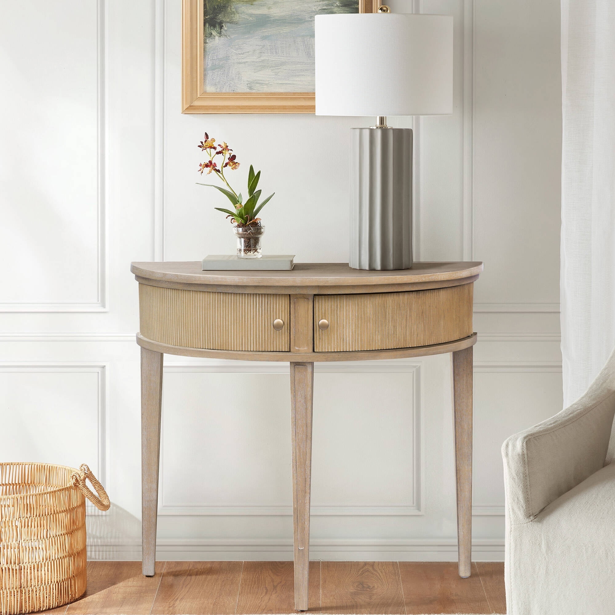 Reclaimed Wheat Wood Demilune Storage Console Table