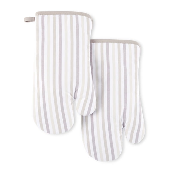 Martha Stewart Daisy Stripe Oven Mitt Set 2-Pack, Beige/Brown, 7"x13"