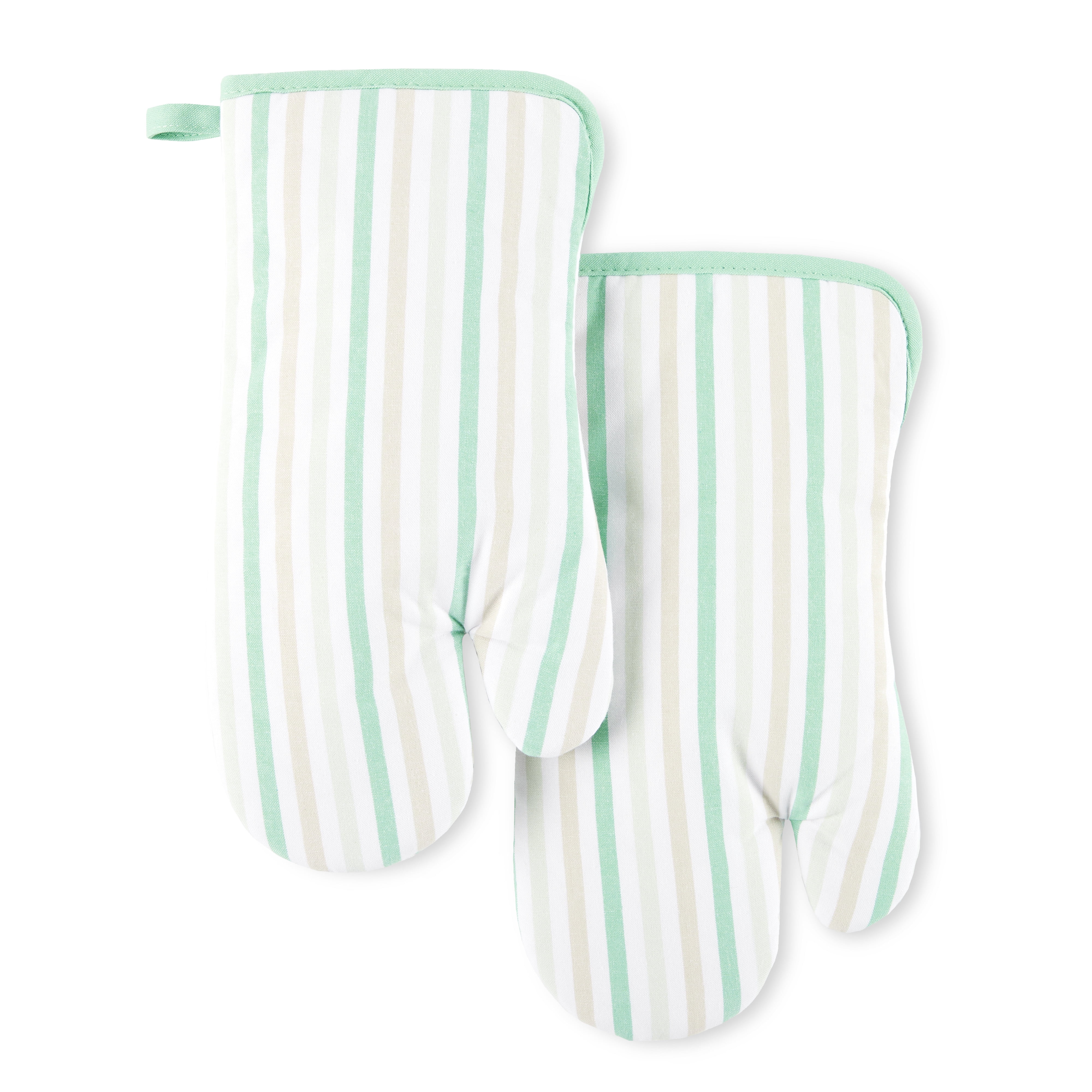 Mint and White Striped Cotton Oven Mitt Set, 7"x13"
