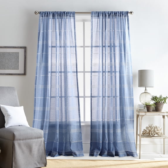 Martha Stewart Delicate Stripe Curtain Panel Pair, Indigo, Rod Pocket, Sheer, Indoor, Adult, 2 Piece Set, 50"x 95"