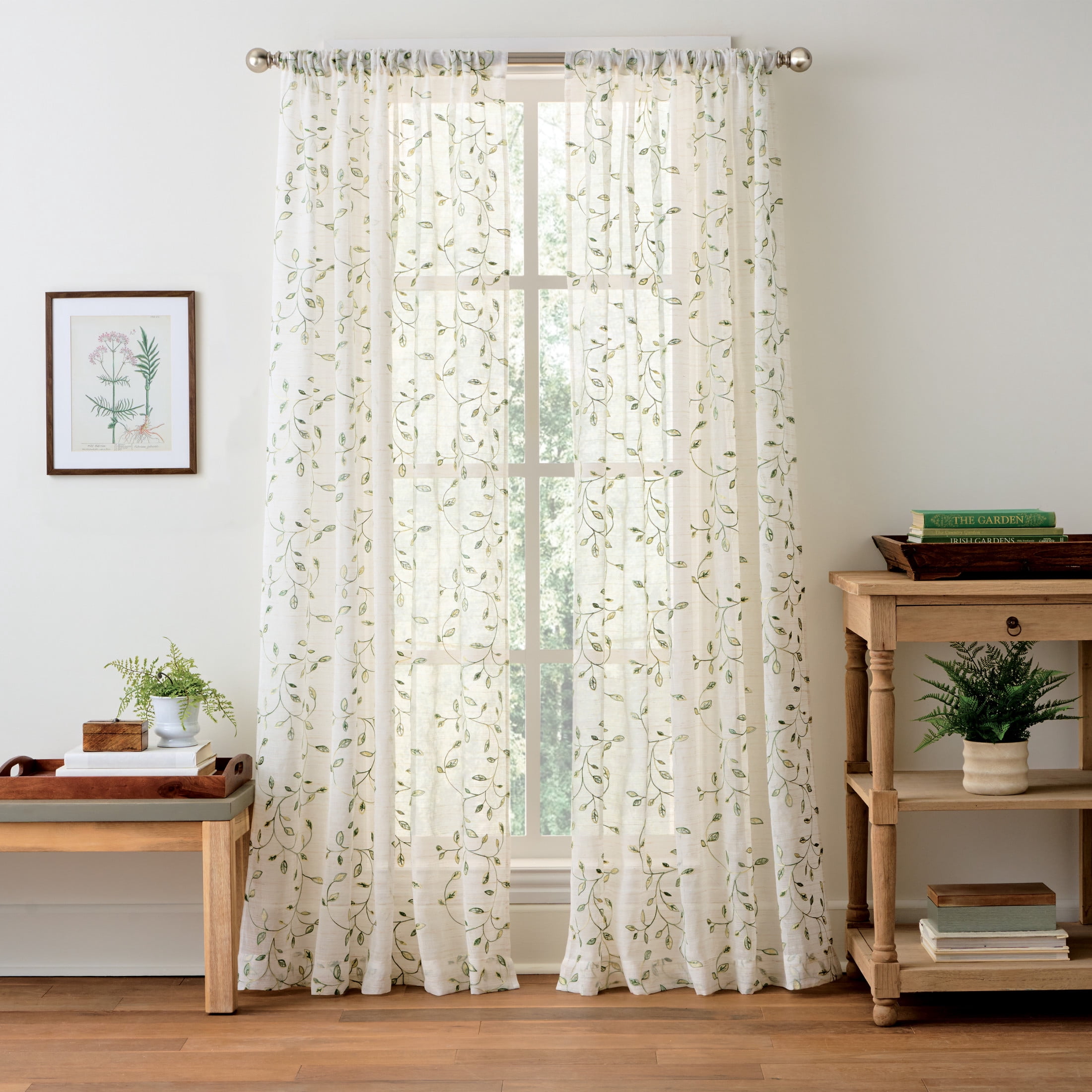 Martha Stewart Durham Embroidery Curtain Panel Pair, White/ Green,  Rod Pocket, Sheer, Indoor, Adult, 2 Piece Set, 50" x 84"