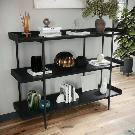 Martha Stewart Emmett 3 Shelf 35"H Storage Display Unit Bookcase with Oil Rubbed Bronze Metal Frame in Black Wood Grain Finish