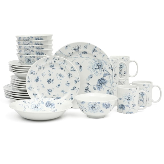 Martha Stewart Empress Bouquet 30 Piece Decorated Porcelain Chip and Scratch Resistant Dinnerware Plates and Bowls Set - Blue Floral