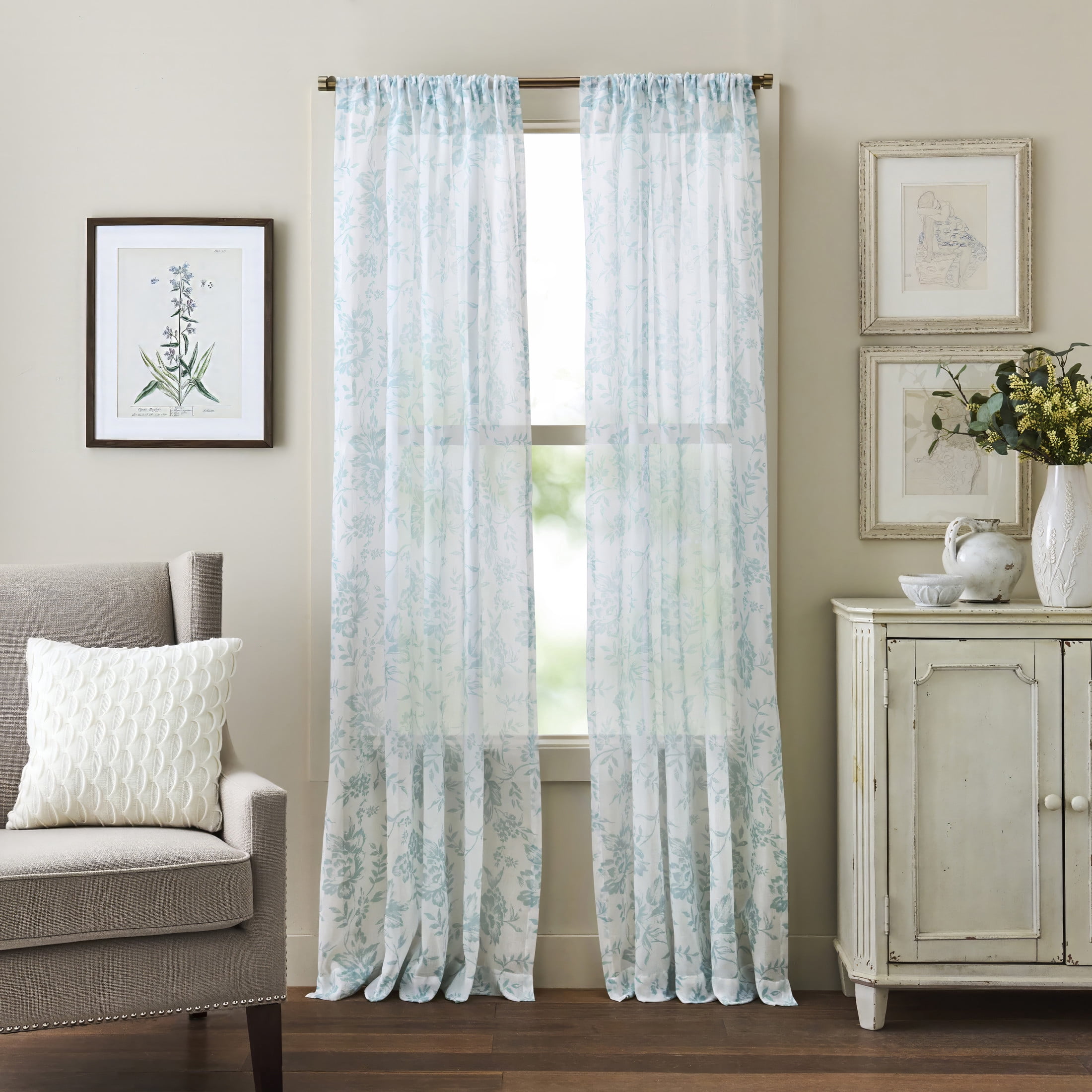 Martha Stewart Etched Floral Curtain Panel Pair, Blue, Pole Top, Light Filtering, Indoor, Adult, 2 Piece Set, 50" x 95"