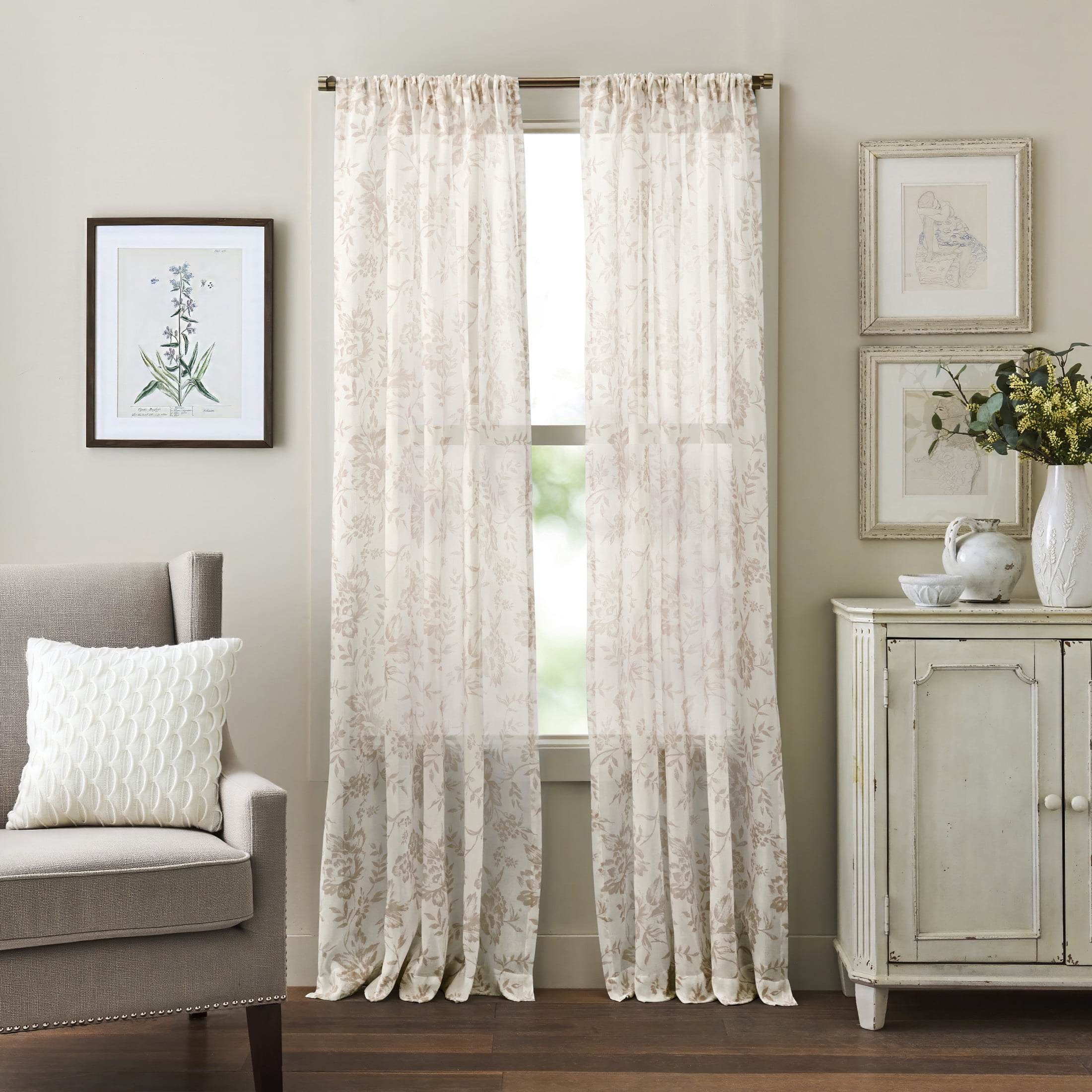 Martha Stewart Etched Floral Curtain Panel Pair, Linen, Pole Top, Light Filtering, Indoor, Adult, 2 Piece Set, 50" x 84"
