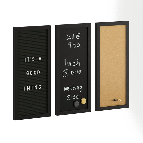 Martha Stewart Everette 18" x 24" Cork Board, Chalk Board, Letter Board Set with Included Push Pins, Magnets, Liquid Chalk, Letters, Black Woodgrain Frame