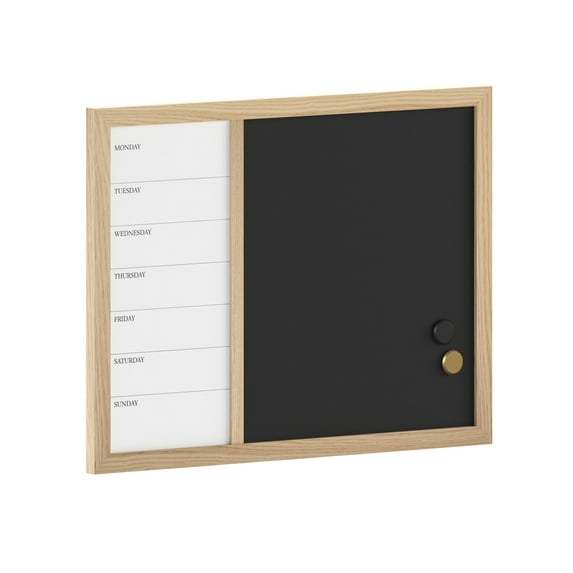 Martha Stewart Everette 24"x18" Magnetic Weekly Calendar Dry Erase Board and Chalk Board with Liquid Chalk Marker and Magnets, Light Natural Woodgrain Frame