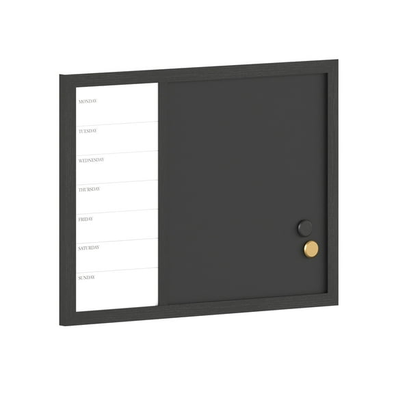Martha Stewart Everette 24"x18" Magnetic Weekly Calendar Dry Erase Board and Chalk Board with Liquid Chalk Marker and Magnets, Black Woodgrain Frame