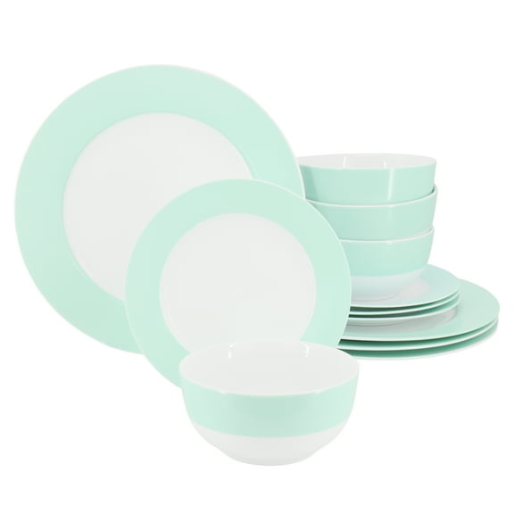 Martha Stewart Everyday 12 Piece Banded Fine Ceramic Dinnerware Set in Baby Blue